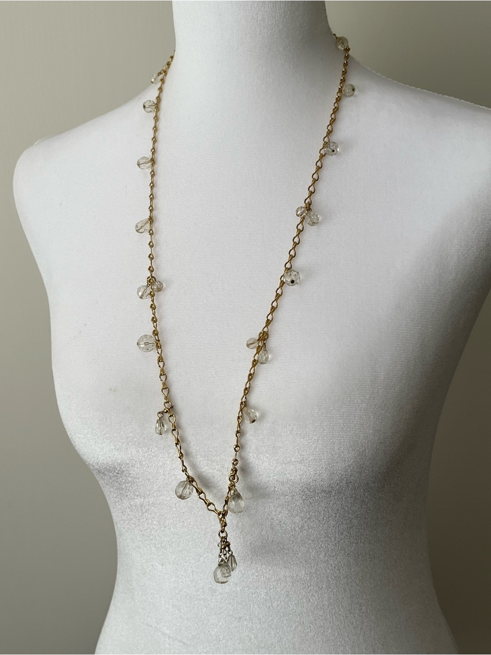 Vintage Necklace Gold Tone Cha Cha Clear Beaded Station Long 40”